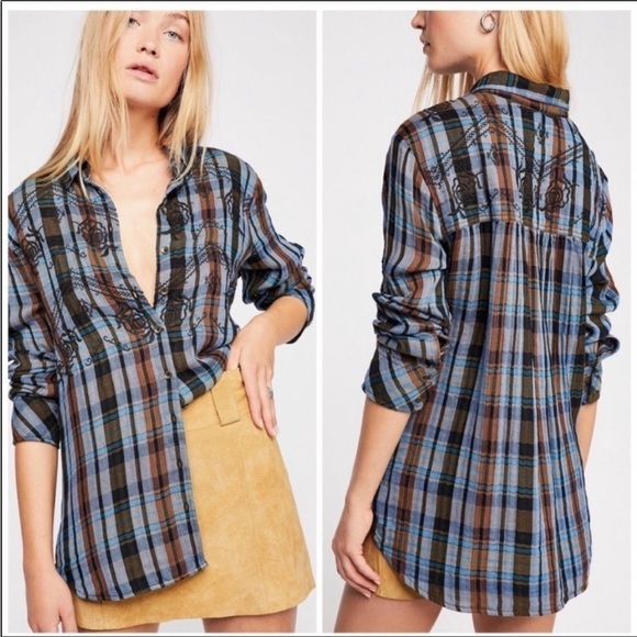 Free People “Magical Plaid" Embroidery Top size Small - Picture 2 of 13